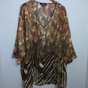 Dennis Basso Mixed Print Top 2X Sheer Peacock Zebra Beaded Neckine Pool Cover Up